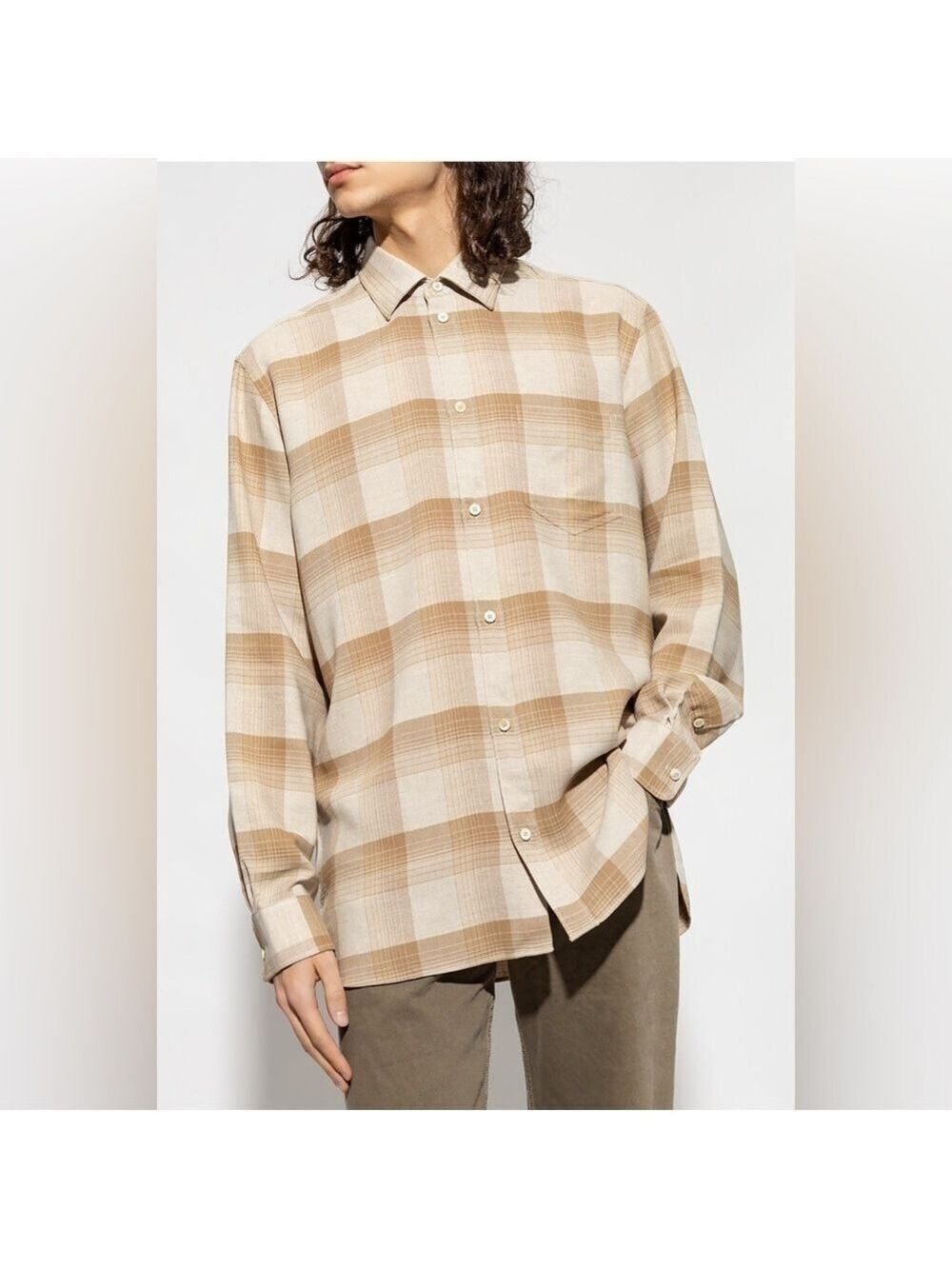 Golden Goose Alvise Checked Long Sleeve Shirt in White Pepper / Sand Size Small